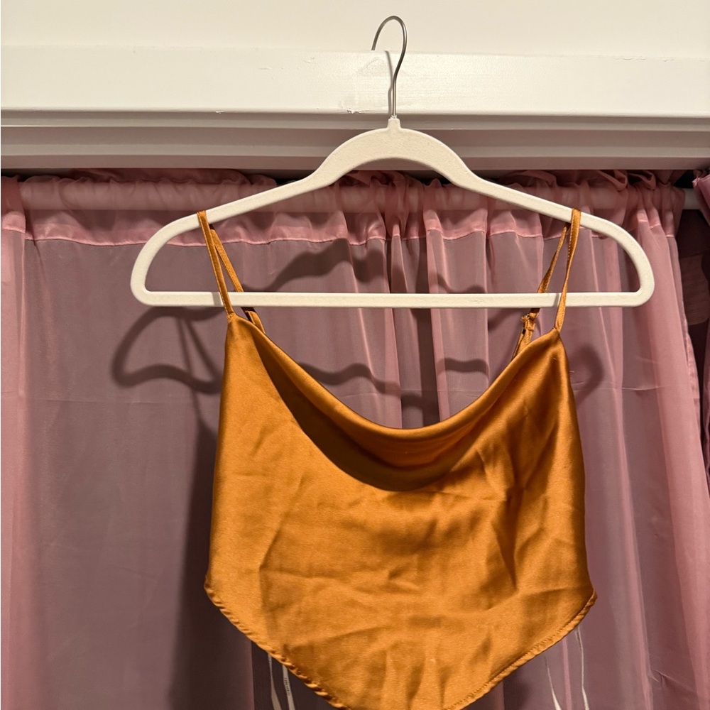 F21 Silk Satin Gold Cowl Neck Top in Burnt Orange